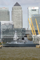 HMS DEFENDER passes Canary Wharf London