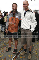 Jason Lewis & Stevie Smith either side of the Meridan Line